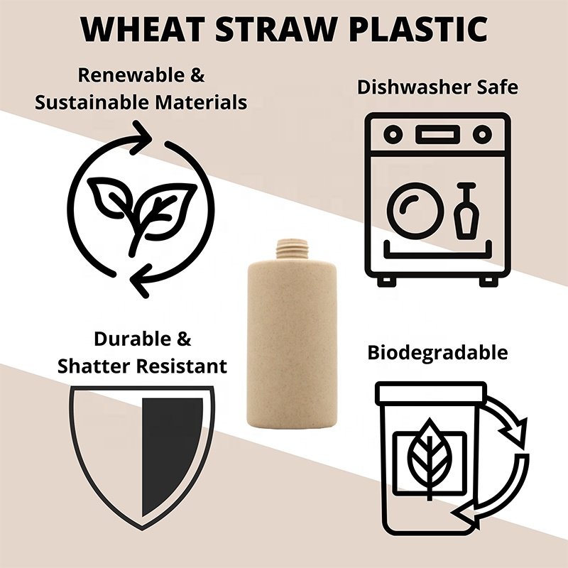 Eco Friendly Empty Cosmetic Lotion Container 300ml flat shoulder Wheat Straw Biodegradable Plastic Shampoo Shower Gel Bottle