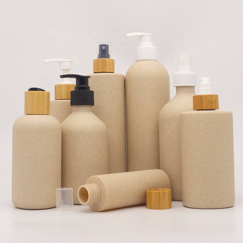 Eco Friendly Empty Cosmetic Lotion Container 300ml flat shoulder Wheat Straw Biodegradable Plastic Shampoo Shower Gel Bottle