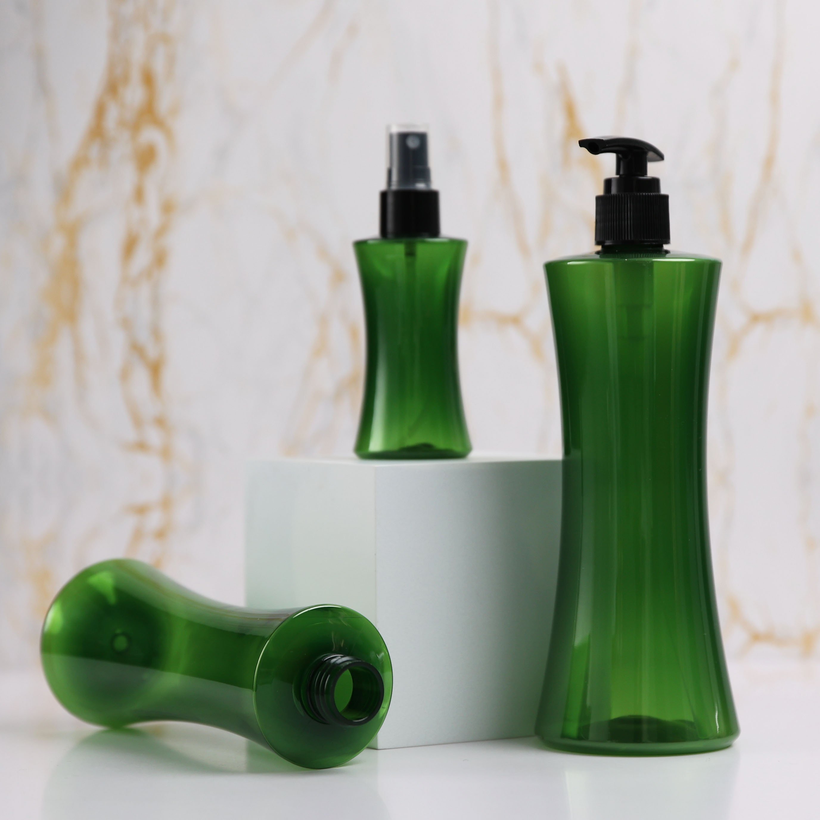 260ml 400ml Green Waisted Body Wash Shower Gel Pump Bottle Plastic Custom Shampoo Bottle Packaging With Logo