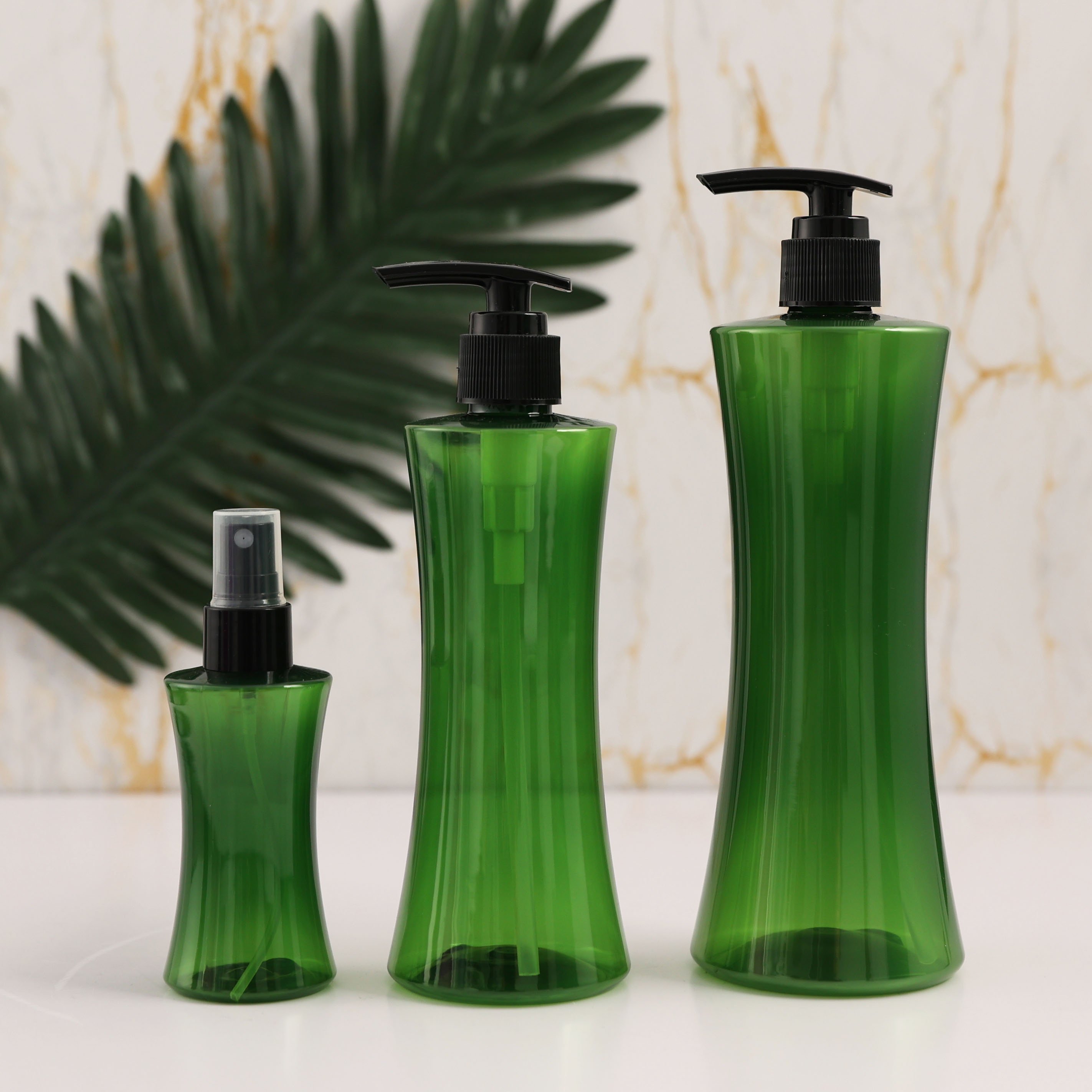 260ml 400ml Green Waisted Body Wash Shower Gel Pump Bottle Plastic Custom Shampoo Bottle Packaging With Logo