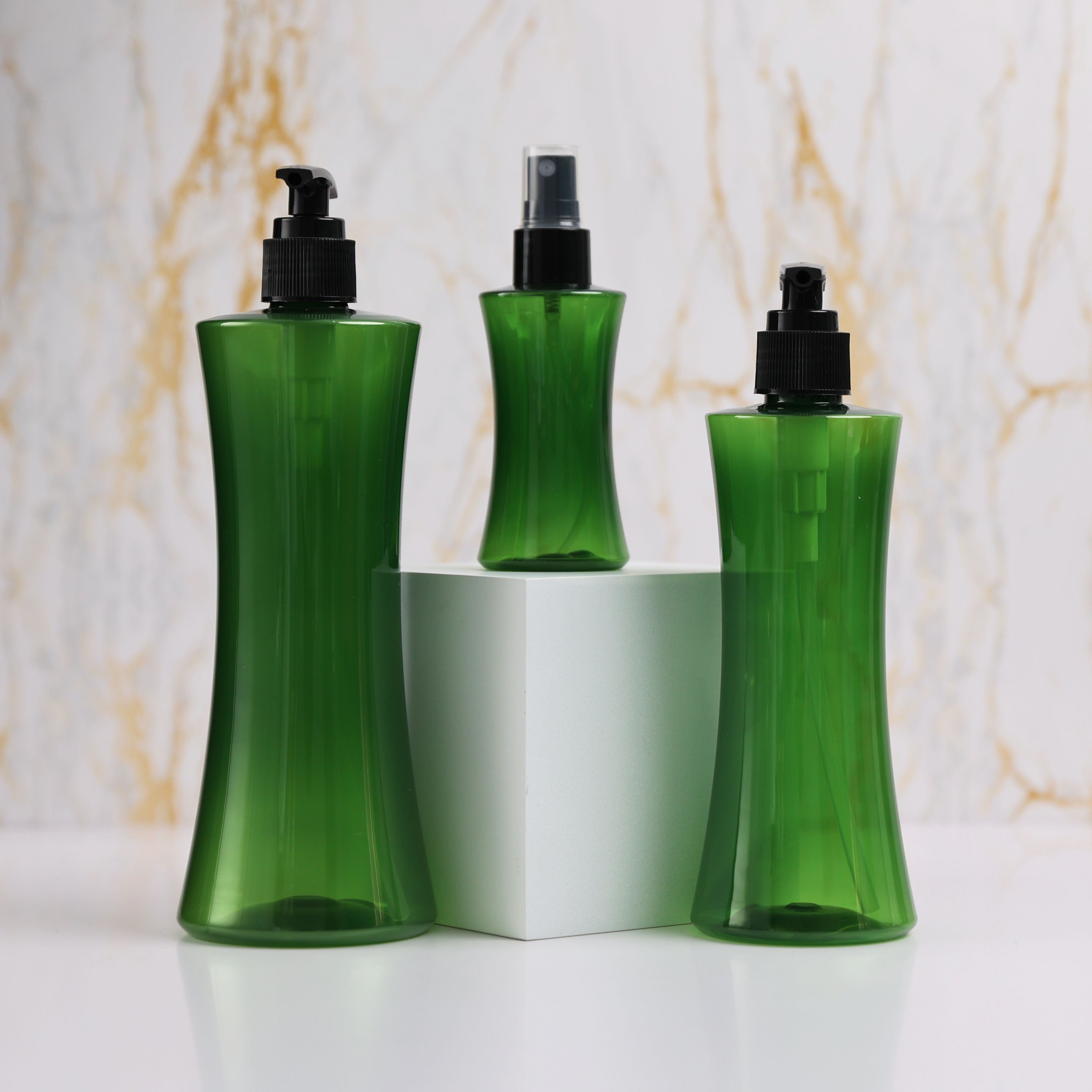 260ml 400ml Green Waisted Body Wash Shower Gel Pump Bottle Plastic Custom Shampoo Bottle Packaging With Logo