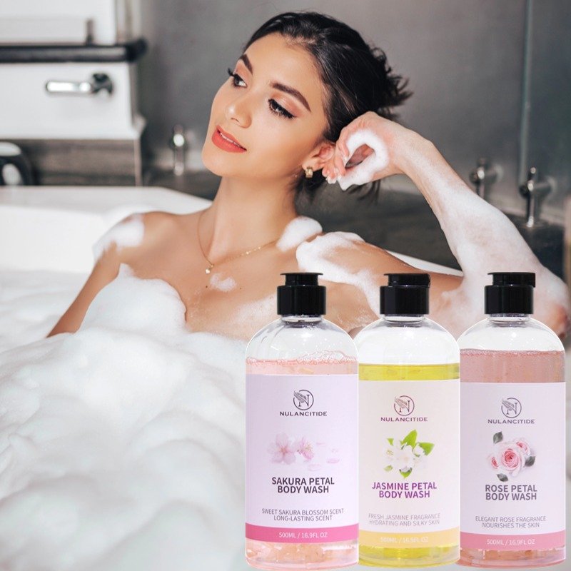 Own Brand Rose Shower Gel With Petals Body Cleansing Skincare Whitening Moisturizing Cherry Blossom Scented Shower Gel Family