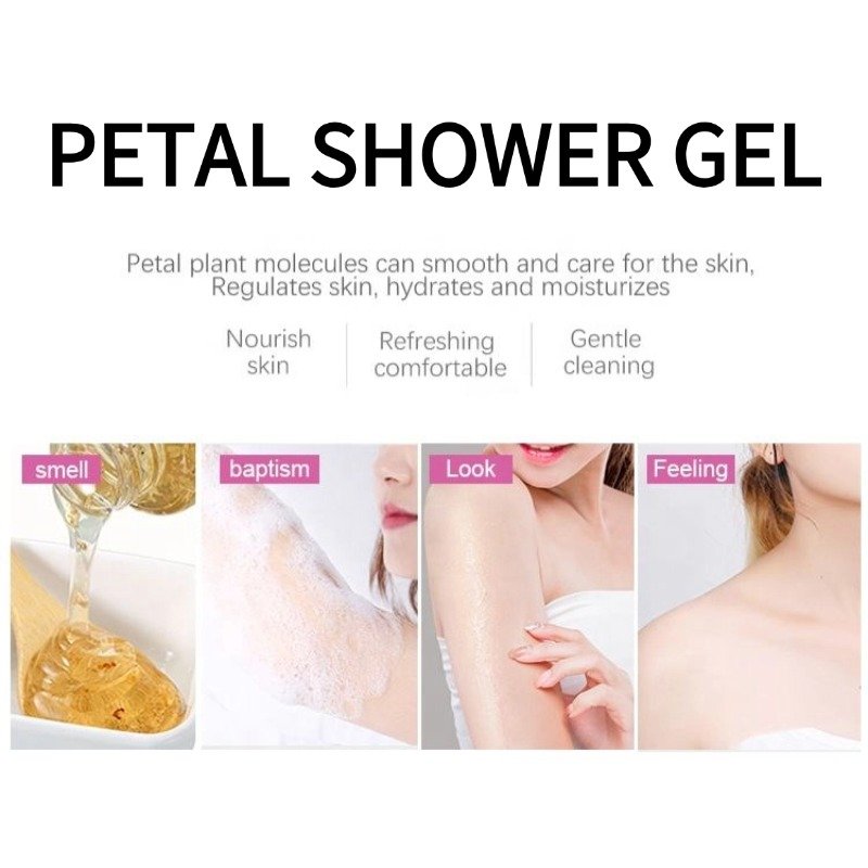 Own Brand Rose Shower Gel With Petals Body Cleansing Skincare Whitening Moisturizing Cherry Blossom Scented Shower Gel Family