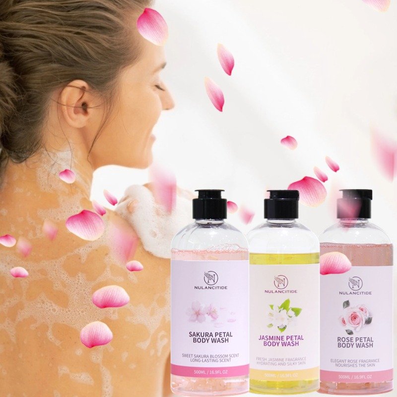 Own Brand Rose Shower Gel With Petals Body Cleansing Skincare Whitening Moisturizing Cherry Blossom Scented Shower Gel Family