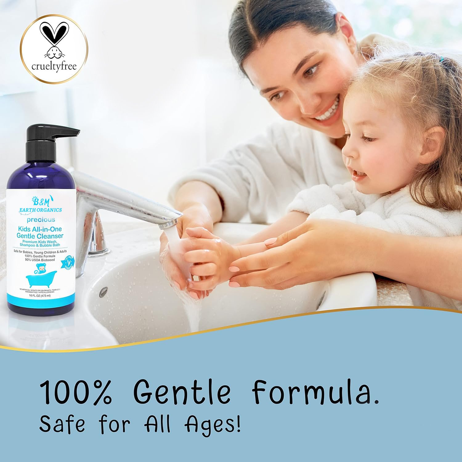 Kids Wash All in One Gentle Cleanser USDA Biobased Sulfate Free Tear Less Hypoallergenic Premium Shampoo Bubble Bath