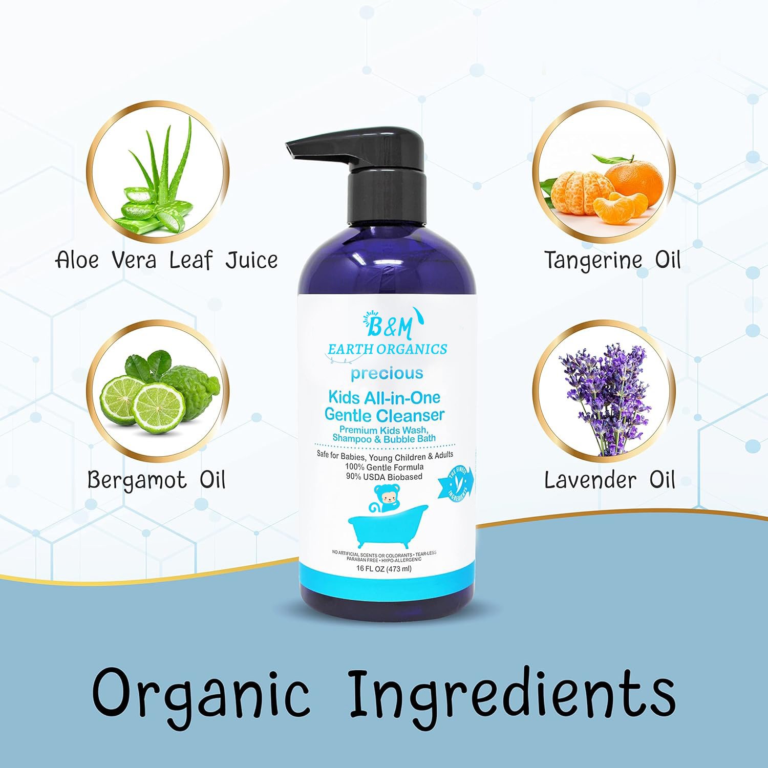 Kids Wash All in One Gentle Cleanser USDA Biobased Sulfate Free Tear Less Hypoallergenic Premium Shampoo Bubble Bath