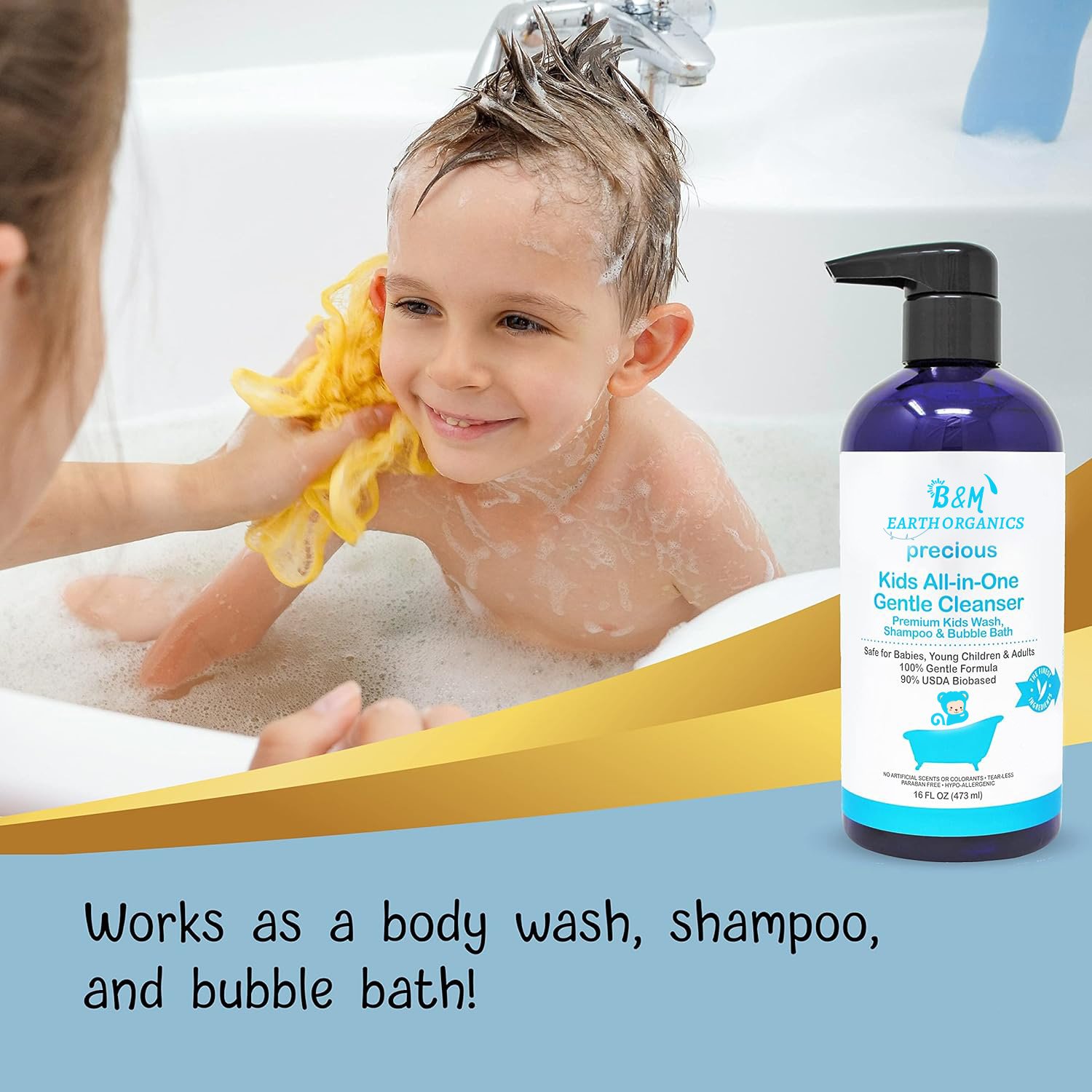 Kids Wash All in One Gentle Cleanser USDA Biobased Sulfate Free Tear Less Hypoallergenic Premium Shampoo Bubble Bath