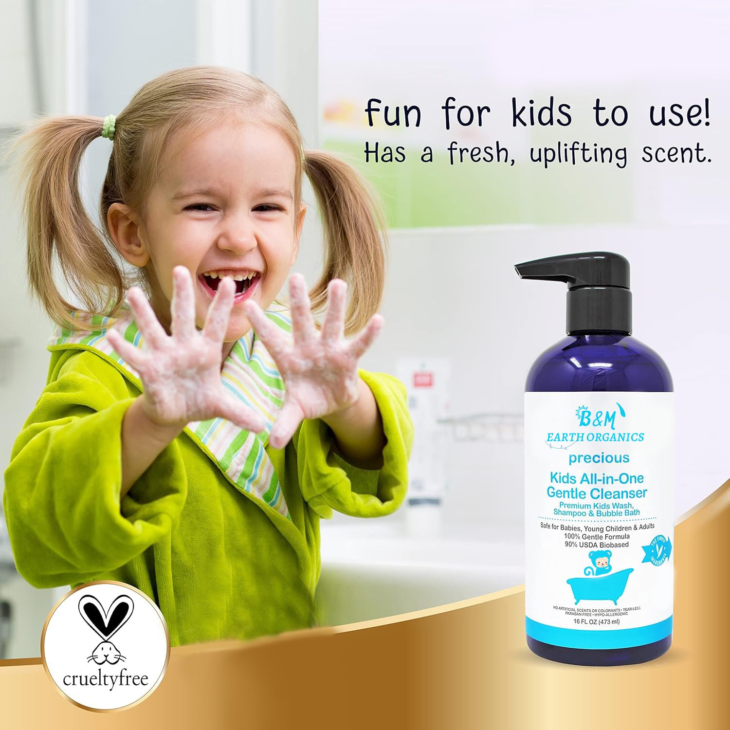 Kids Wash All in One Gentle Cleanser USDA Biobased Sulfate Free Tear Less Hypoallergenic Premium Shampoo Bubble Bath