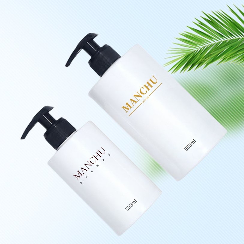 Luxury 500ml frosted clear circle men shower gel bottle 300ml glossy white shower gel baby bottle with bamboo cap