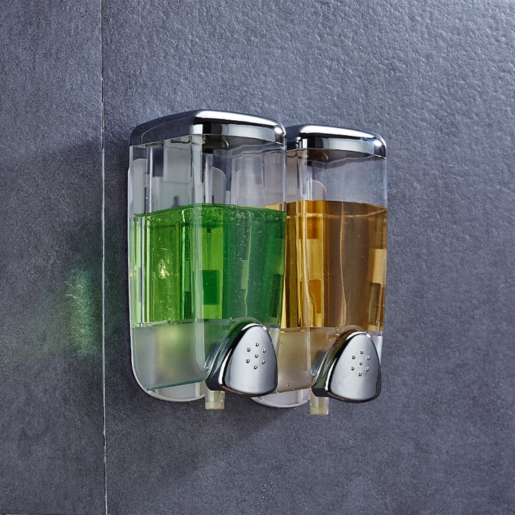 Wall Mount Chromed Plastic Double Manual Liquid Soap Dispenser Shower Gel Dispenser Hand Sanitizer Bath Foam Body Wash Holder