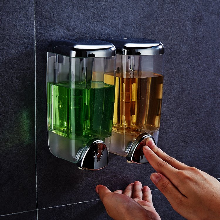 Wall Mount Chromed Plastic Double Manual Liquid Soap Dispenser Shower Gel Dispenser Hand Sanitizer Bath Foam Body Wash Holder
