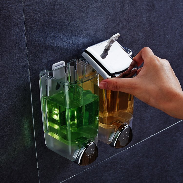 Wall Mount Chromed Plastic Double Manual Liquid Soap Dispenser Shower Gel Dispenser Hand Sanitizer Bath Foam Body Wash Holder