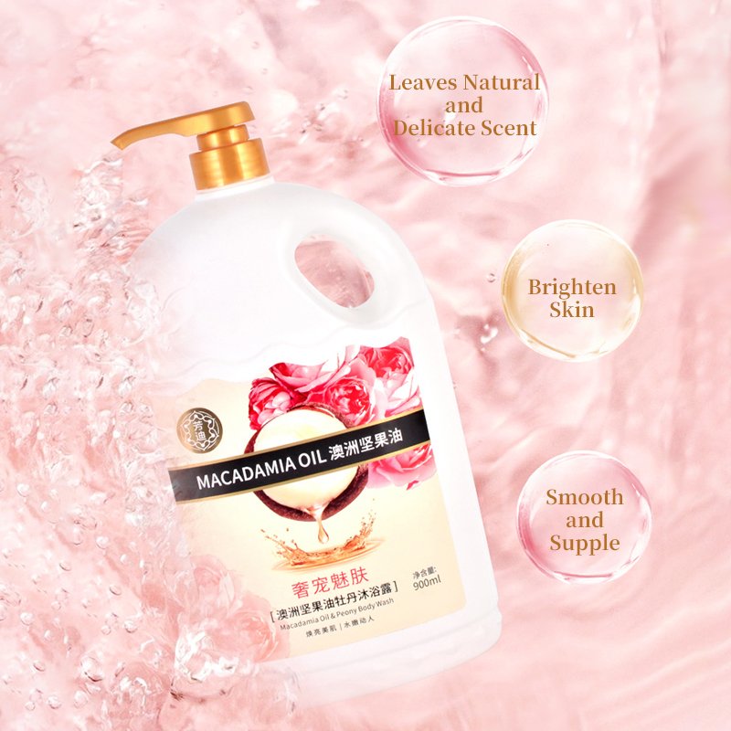 OEM Skin Whitening Refreshment Shower Gel Macadanua Oil and Peony Body Wash for Family Use 2L