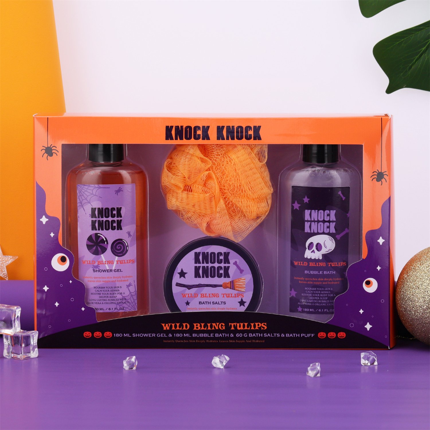 Halloween design 180ml shower gel bubble bath and 60g bath salt women spa gift set with puff