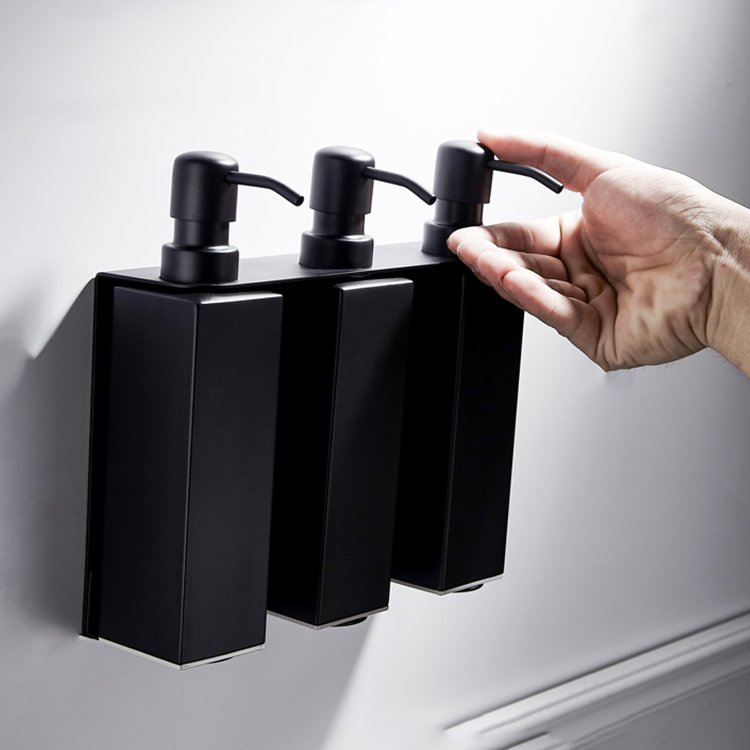 Wall Mounted 304 Rust Proof Stainless Steel Brushed Black Square shampoo and shower gel Soap Dispenser for Bathroom Kitchen
