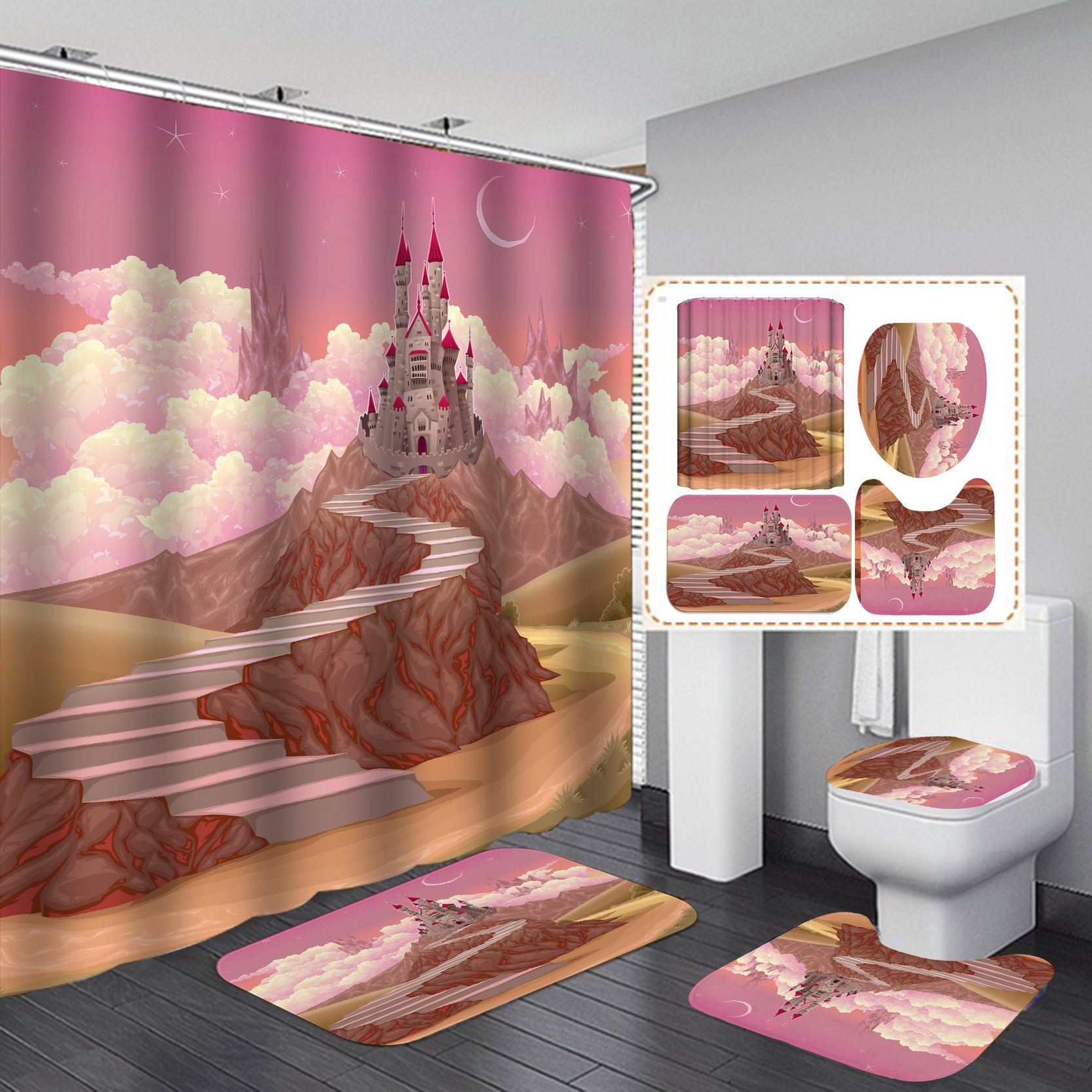 3D styles Custom Printed Bathroom Shower Curtain Mat Sets