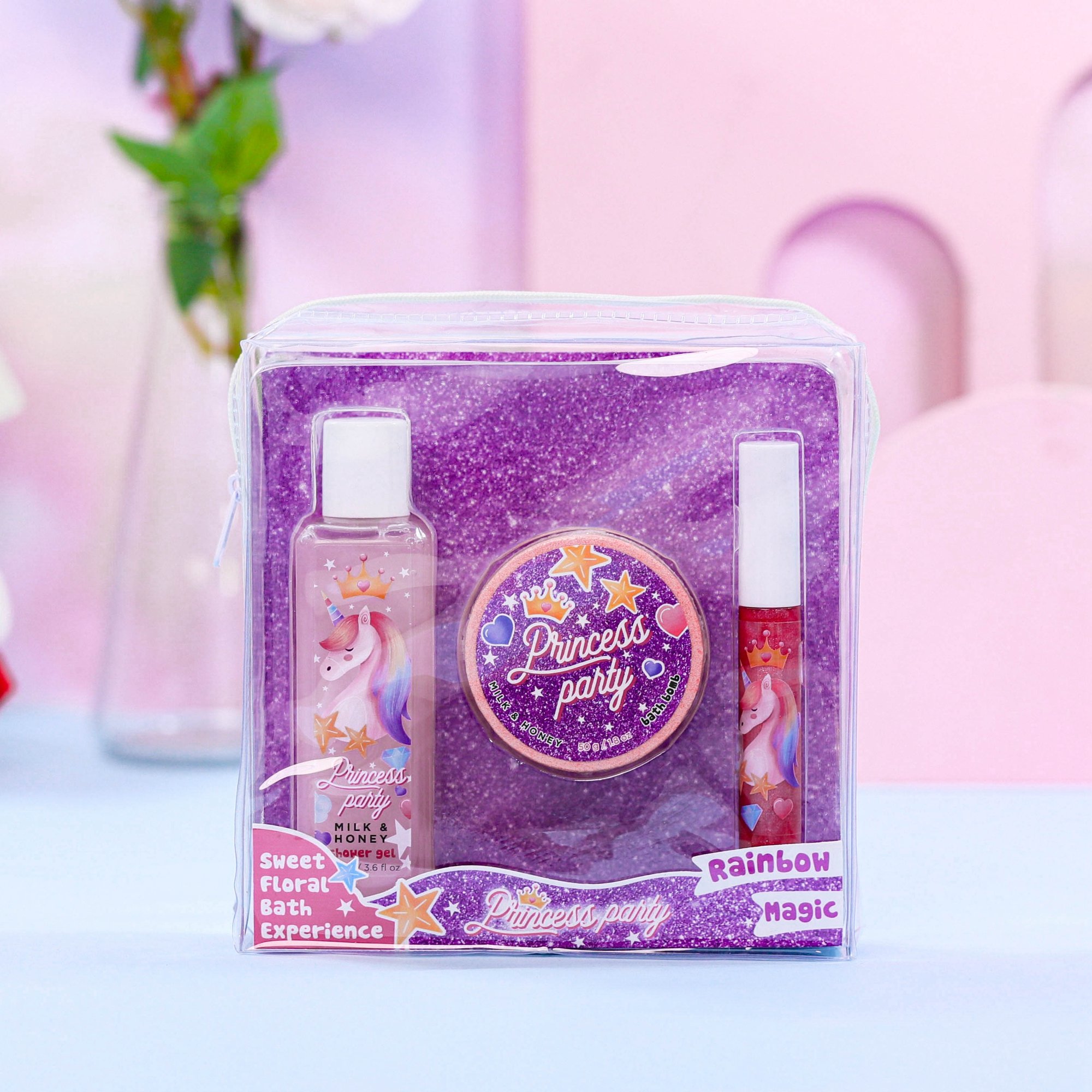 China cartoon design 105ML shower gel 50g bath bomb 7ml lip gloss spa gift sets for girl women