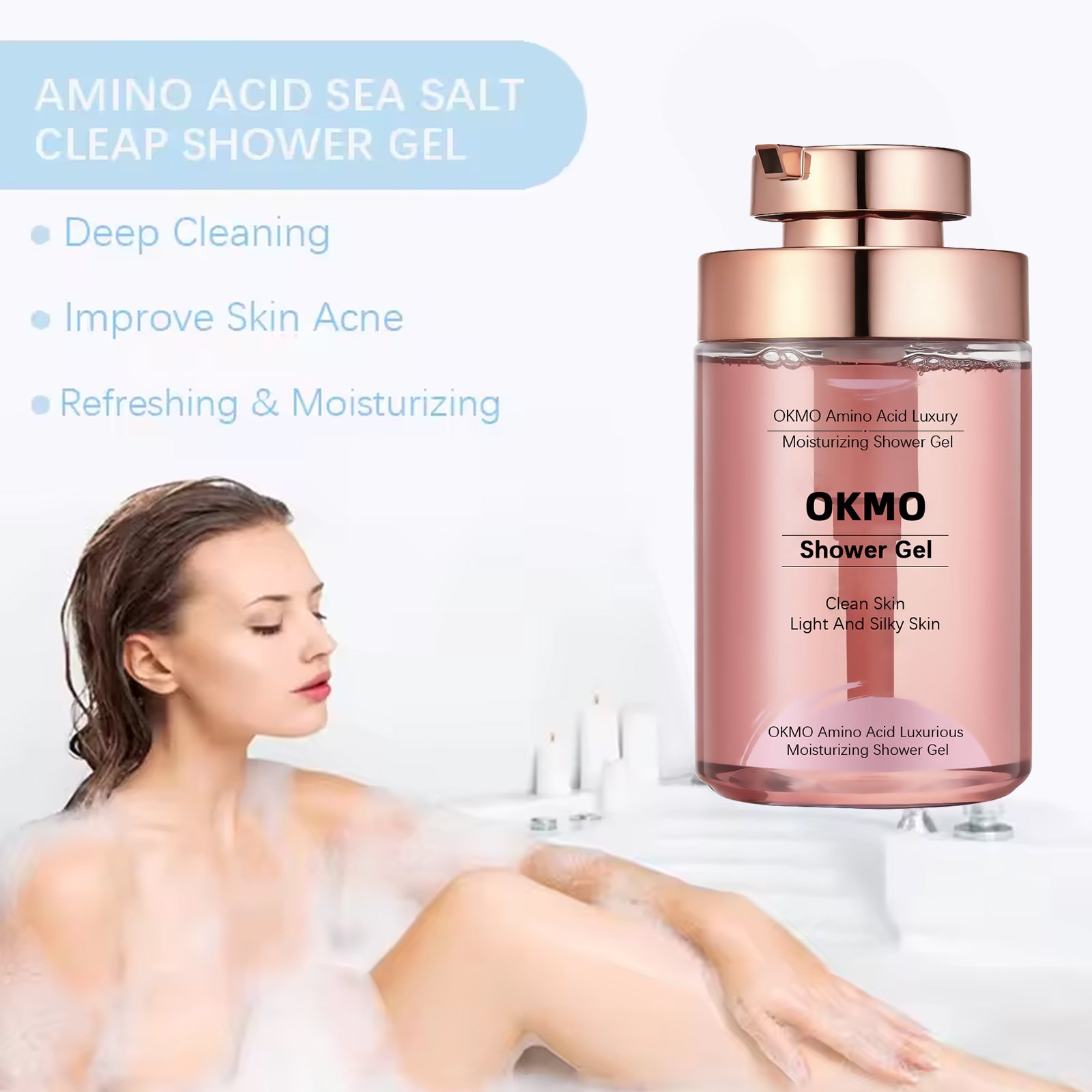 OKMO Custom Clean skin light silky skin brightening shower gel body wash Luxury Moisturizing Amino Acid Shower Gel