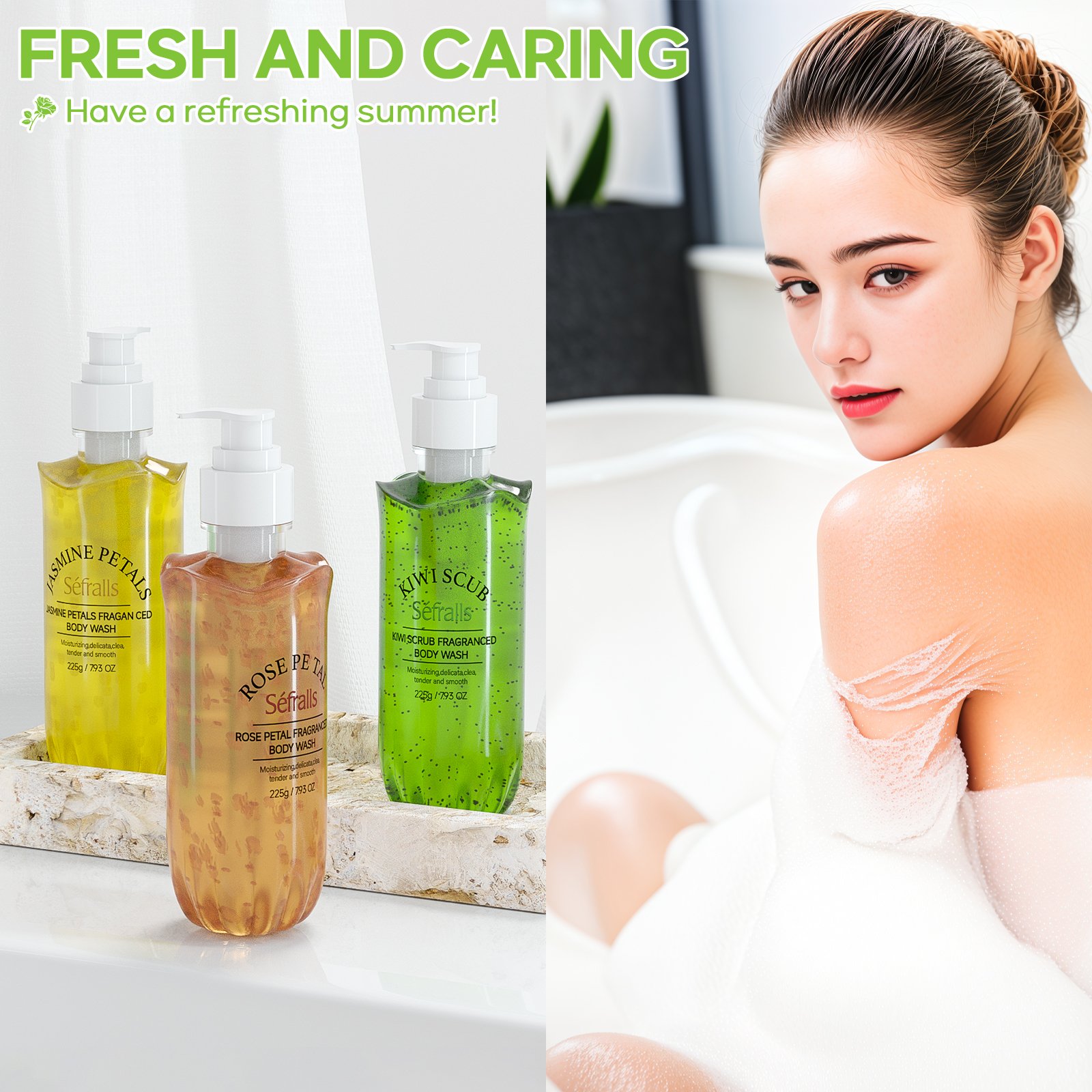 Sefralls Petal Body Wash Set Shower Gel Set Rose Jasmine petals Kiwi Deep Cleaning Refresh Foaming Lasting Fragrance Gentle Bath