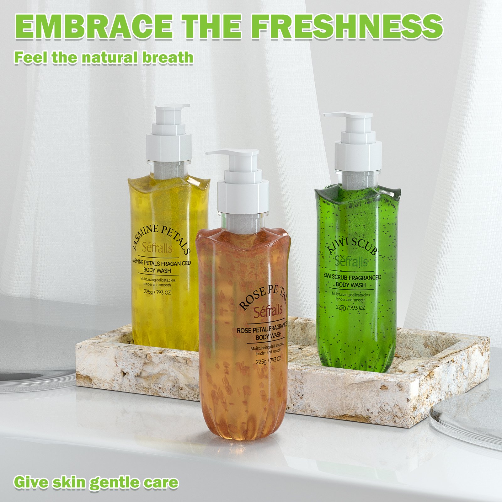 Sefralls Petal Body Wash Set Shower Gel Set Rose Jasmine petals Kiwi Deep Cleaning Refresh Foaming Lasting Fragrance Gentle Bath