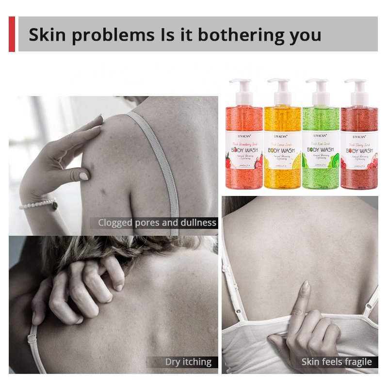 Private Label Skin Whitening Bodywash Organic Kiwi Cherry Lemon Body Wash Exfoliating Fruit Scrub Shower Gel