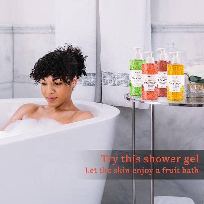 Private Label Skin Whitening Bodywash Organic Kiwi Cherry Lemon Body Wash Exfoliating Fruit Scrub Shower Gel