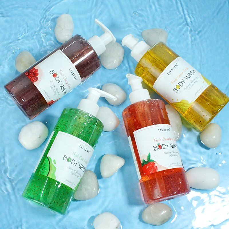 Private Label Skin Whitening Bodywash Organic Kiwi Cherry Lemon Body Wash Exfoliating Fruit Scrub Shower Gel