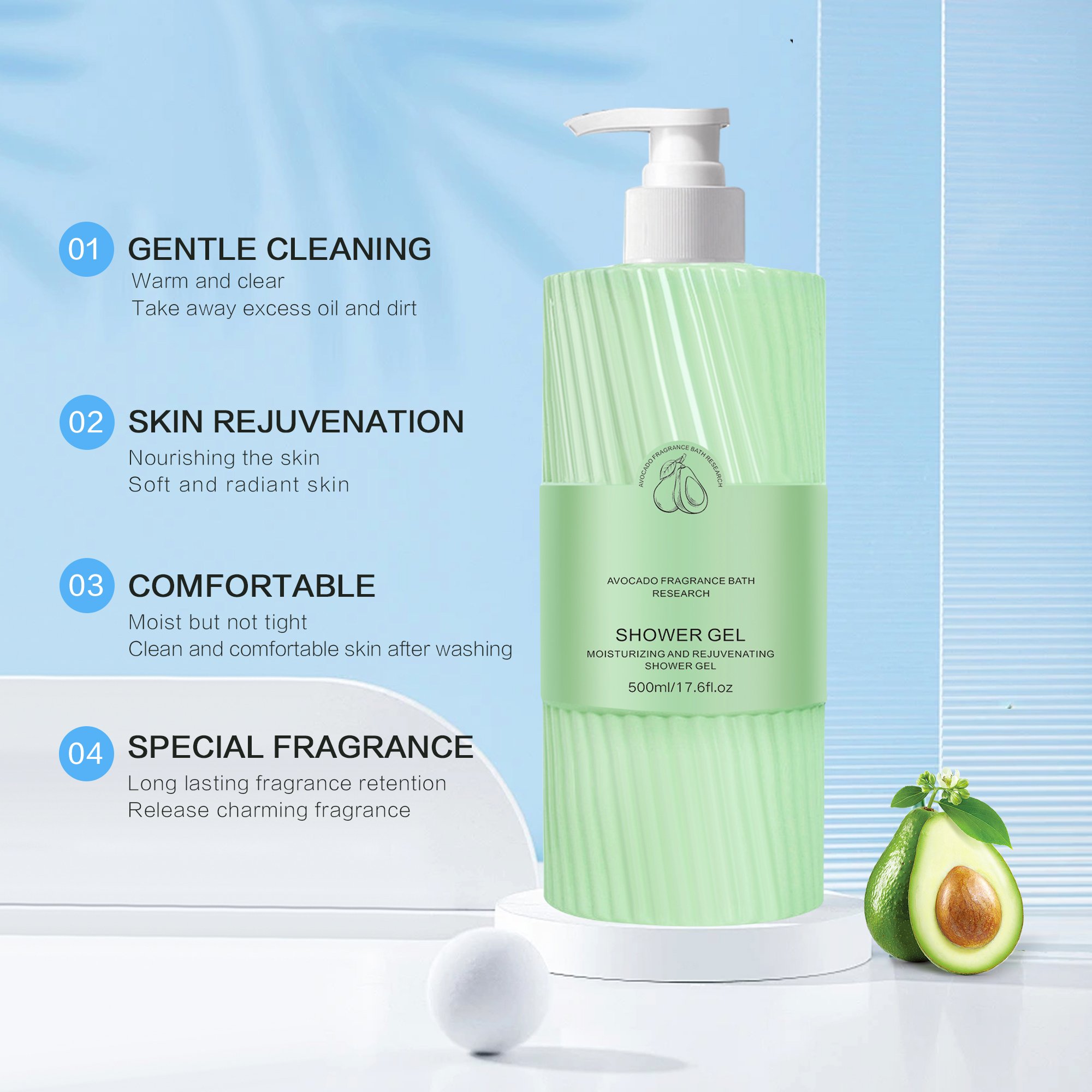Wholesale Perfume Avocado Moisturizing Rejuvenating Exfoliating Whitening Body Wash Shower Gel