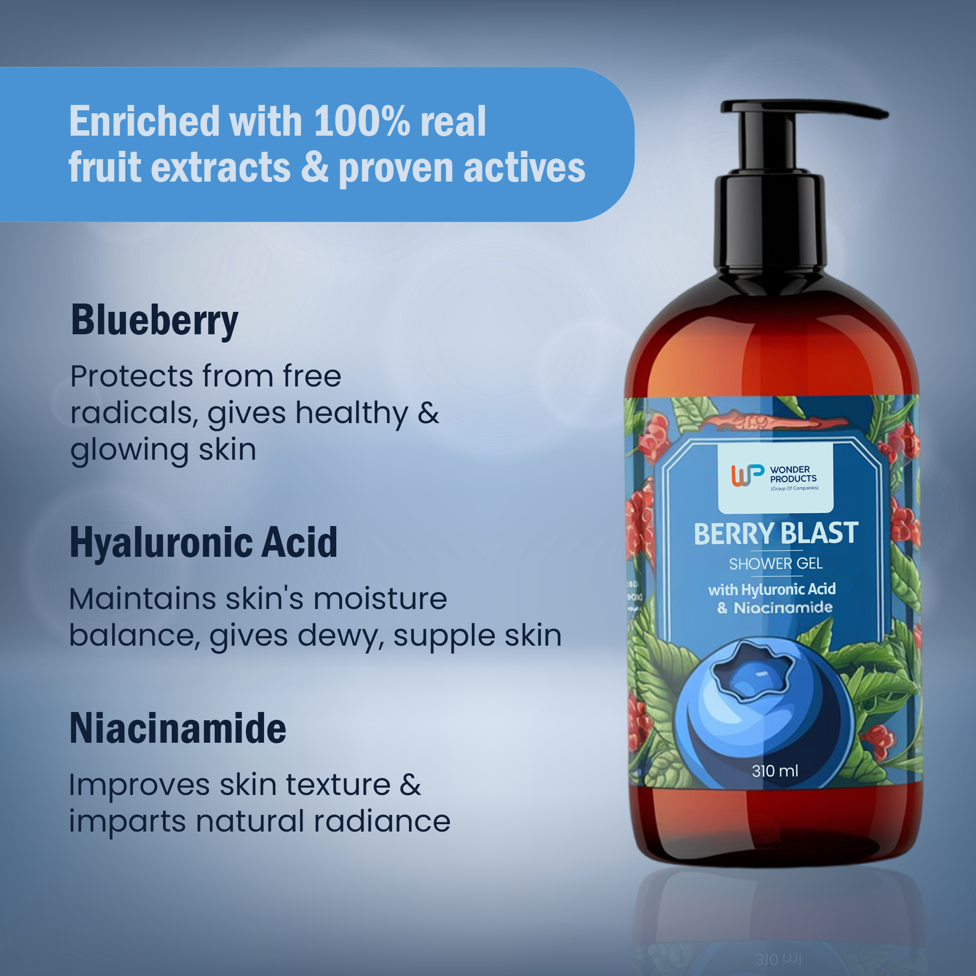 Best Selling OEM/ODM Berry Blast Body Wash Shower Gel Hyaluronic Acid + Niacinamide 310 ml Private Label Features Deep Cleansing