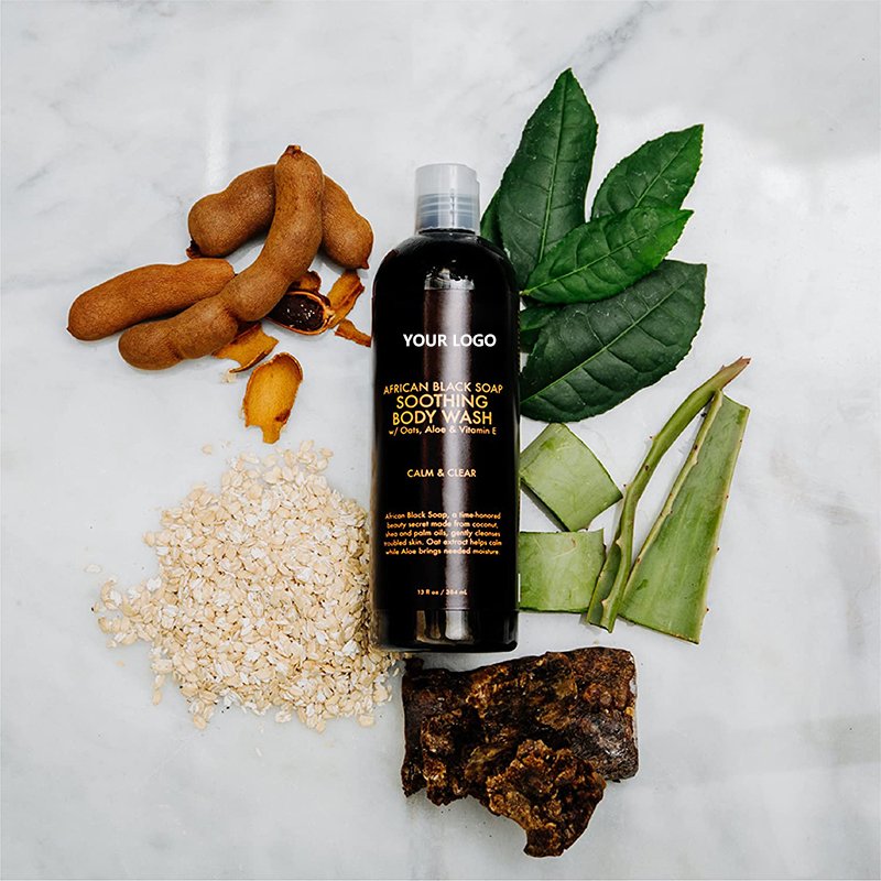 Private label body wash exfoliating organic whitening spot lightening african black soap soothing skin Shower Gel