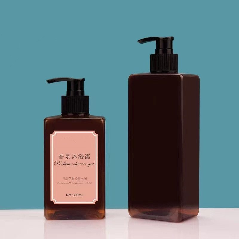 Empty Amber Square PET Bottle Shower Gel 300ml 500ml Lotion Pump Bottles For Shampoo Hair Conditioner