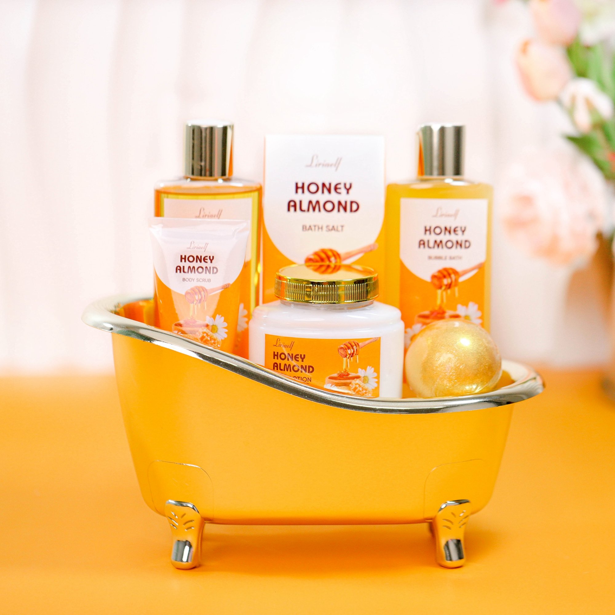 Wholesale bath tub design honey almond shower gel bubble bath body lotion scrub spa gift sets for women