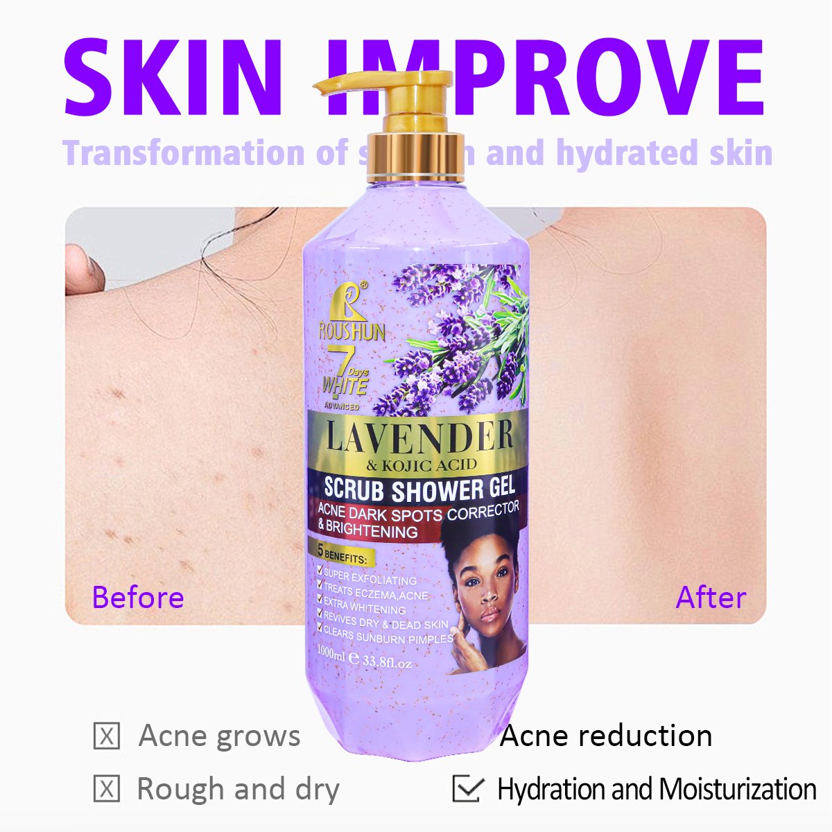 ROUSHUN Body Wash 7 Days Whitening Lavender Exfoliating Bleaching Bath Shower Gel
