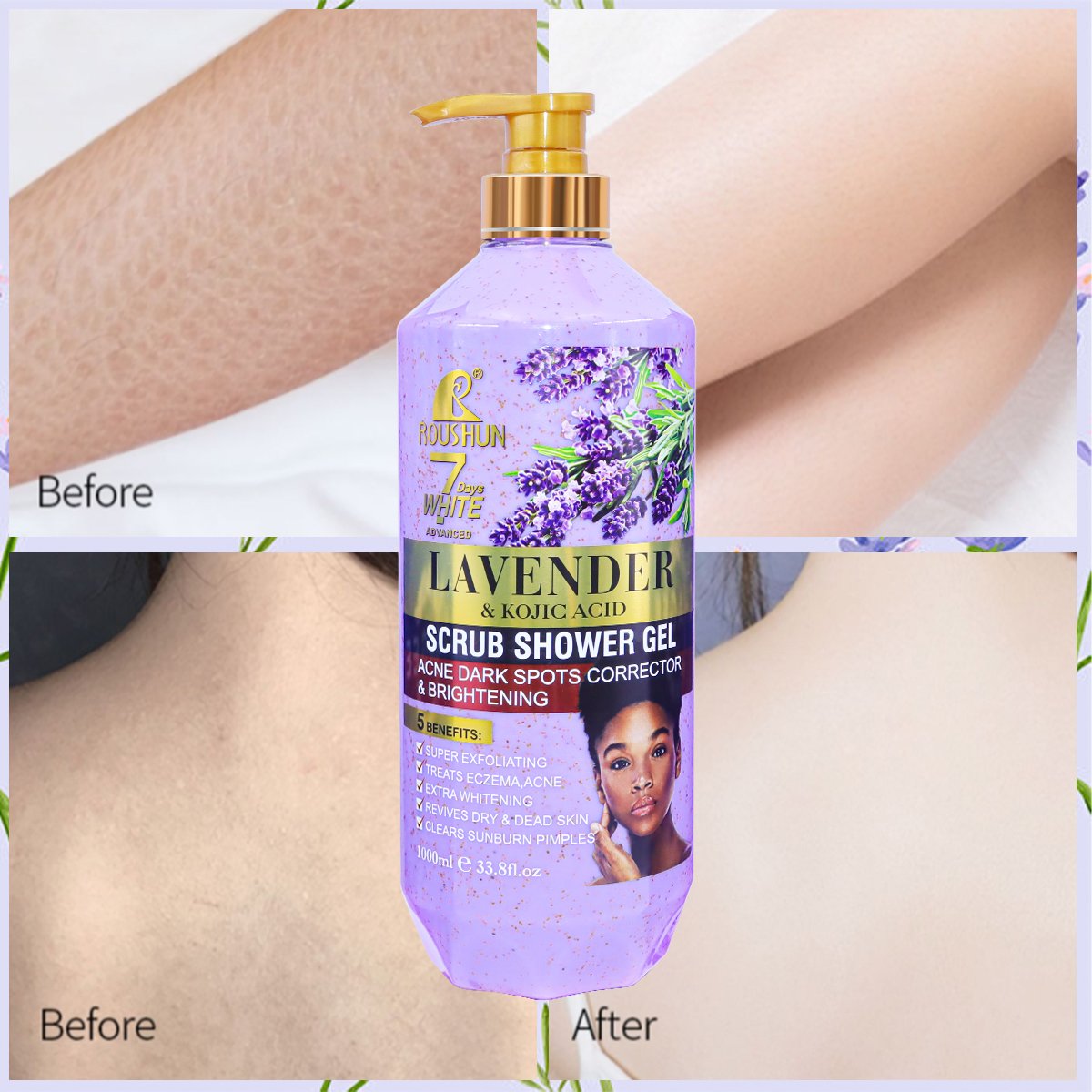 ROUSHUN Body Wash 7 Days Whitening Lavender Exfoliating Bleaching Bath Shower Gel