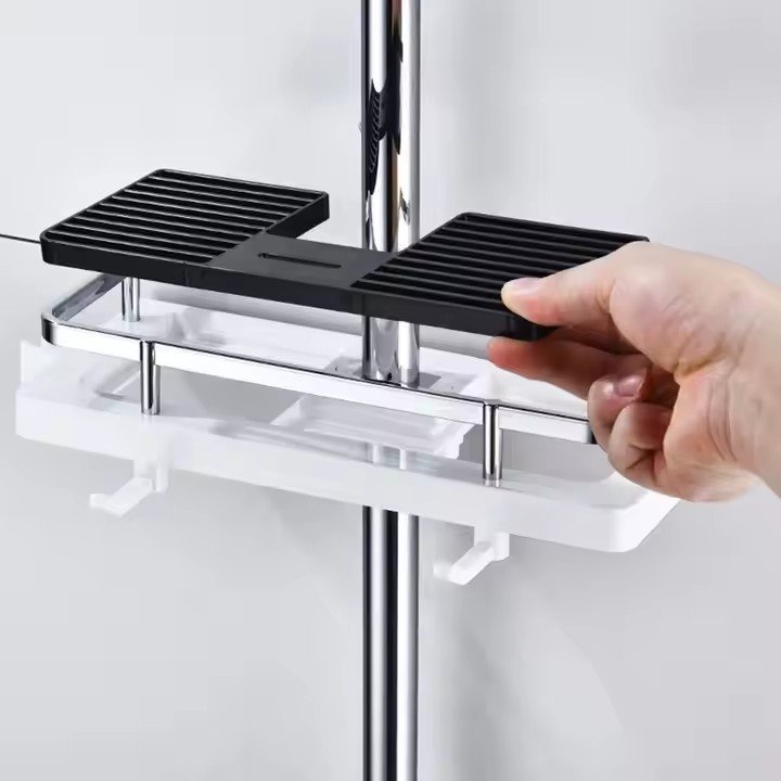 Bathroom Shower Storage Rack Organizer No Drilling Lifting Rod Shower Head Holder Shower Gel Shampoo Tray Holder Pole Shelves