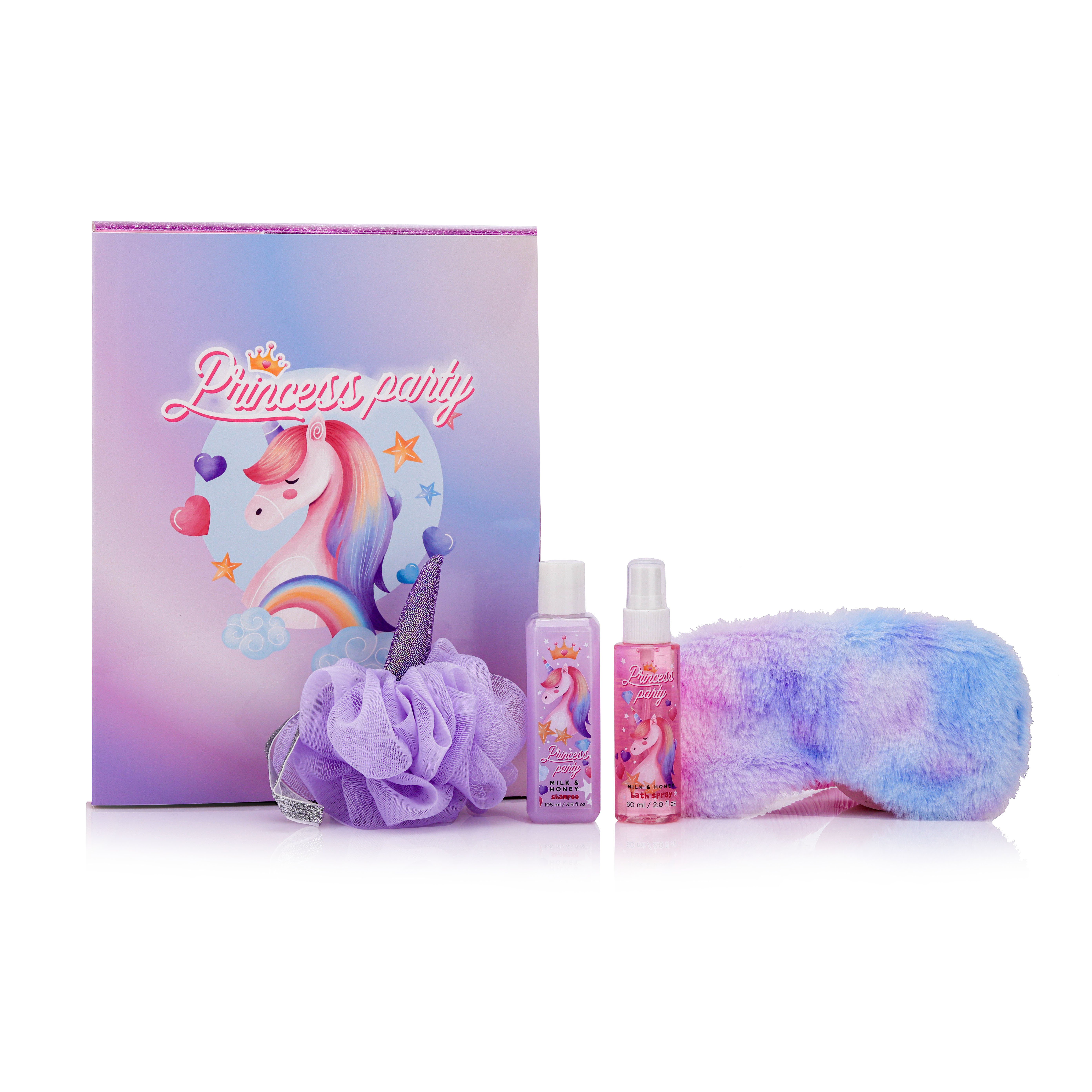 Cartoon design 60ML body mist 105ML shampoo 25G bath puff girl spa shower gift sets with eye patch