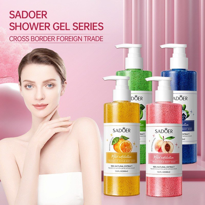 OEM SADOER Private Label Natural Organic Body Wash Fruit Peach Vitamin C Extract Hydrating Lightening Whitening Scrub Shower Gel