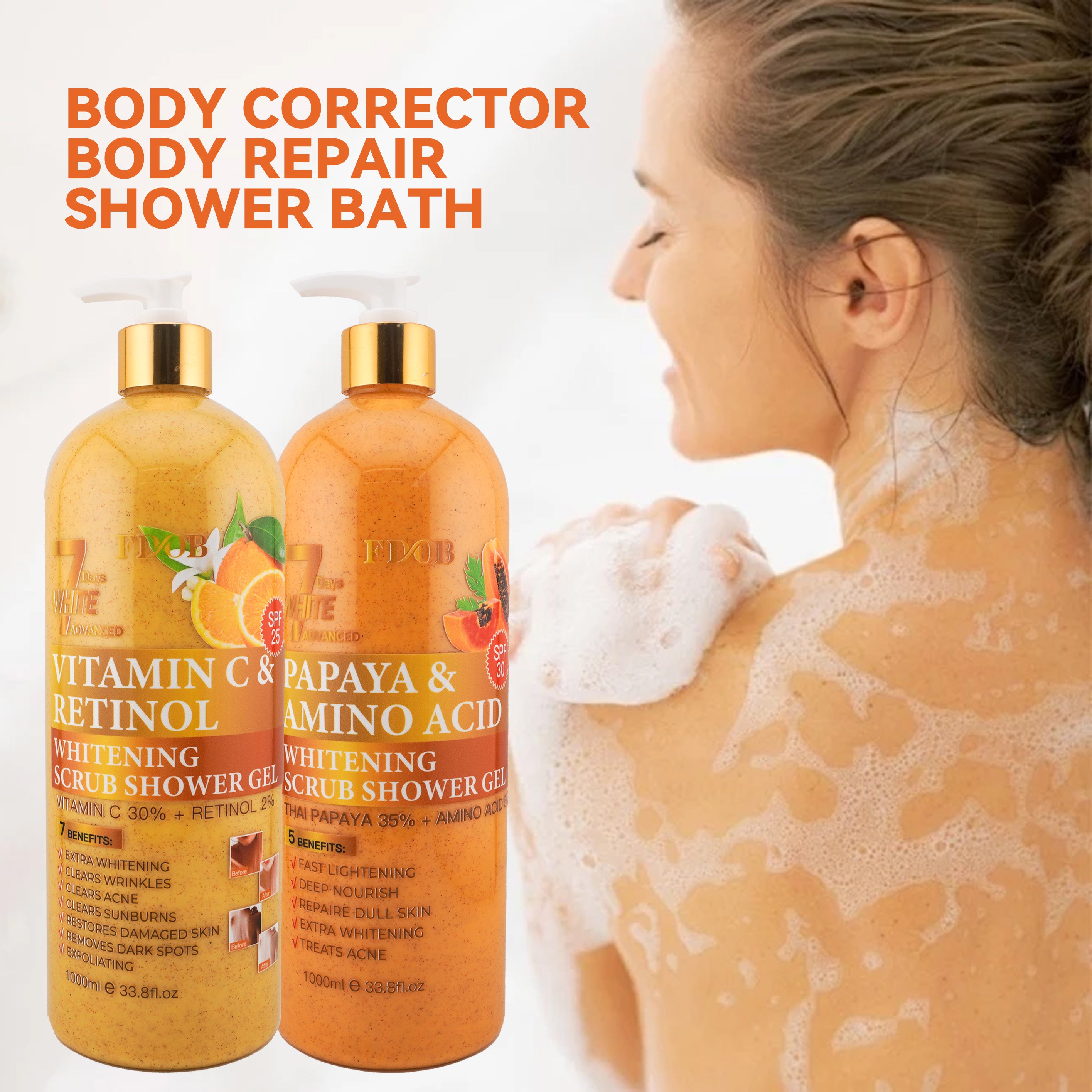 Private Label Orange Papaya Lemon Vitamin C & Retinol Whitening Exfoliating Moisturizing Organic Body Scrub Shower Gel