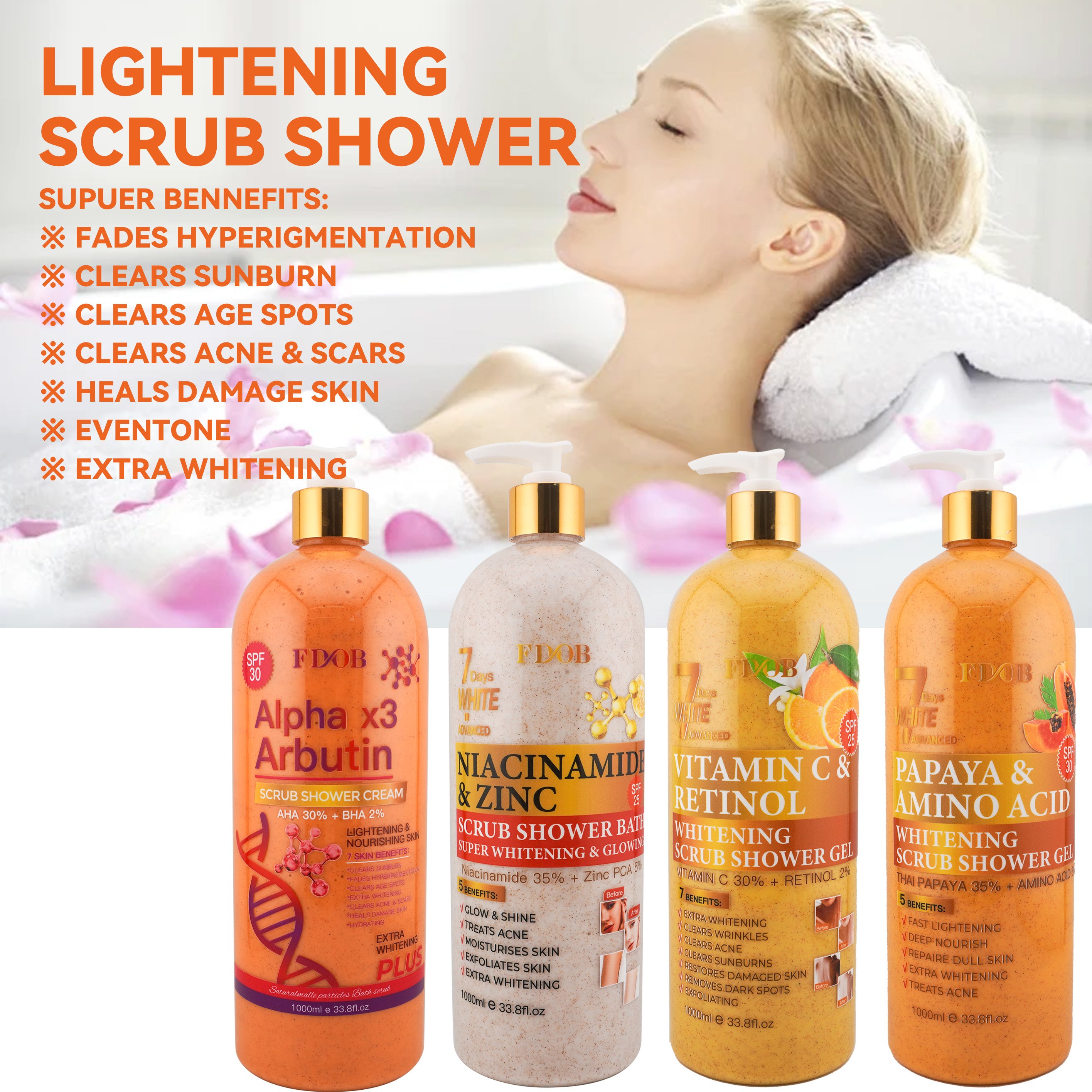 Private Label Orange Papaya Lemon Vitamin C & Retinol Whitening Exfoliating Moisturizing Organic Body Scrub Shower Gel