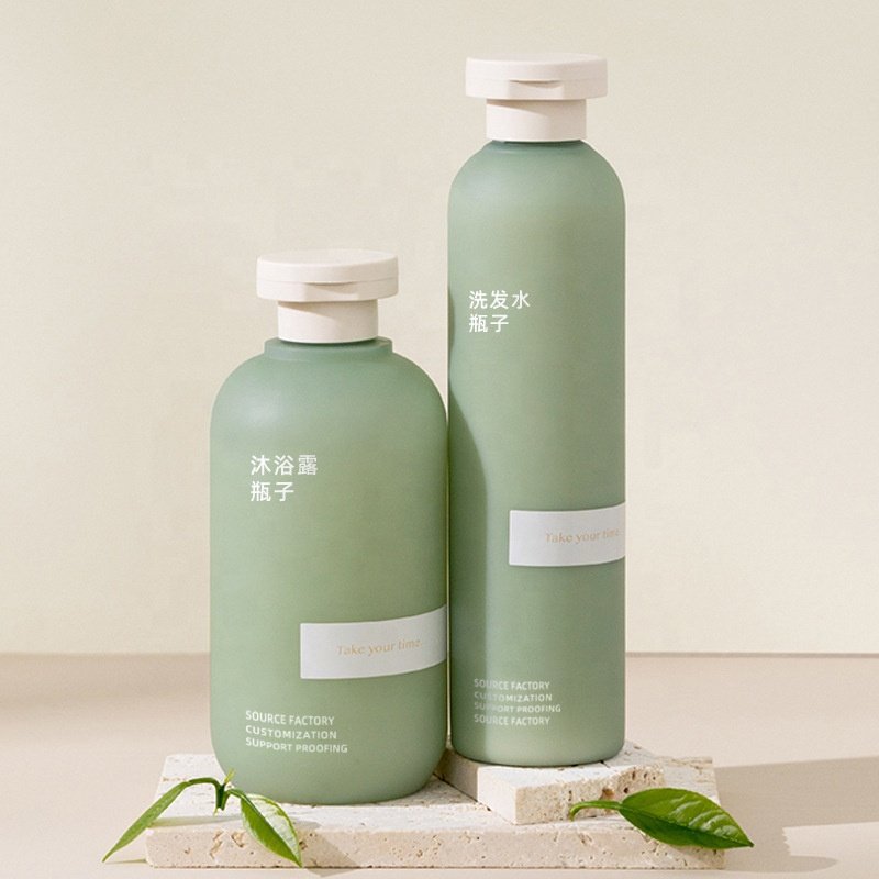 HDPE Packaging Green Plastic Shampoo Bottles Lotion Container Soft Touch Shower Gel Bottle 250ml 260ml 300ml 400ml 500ml