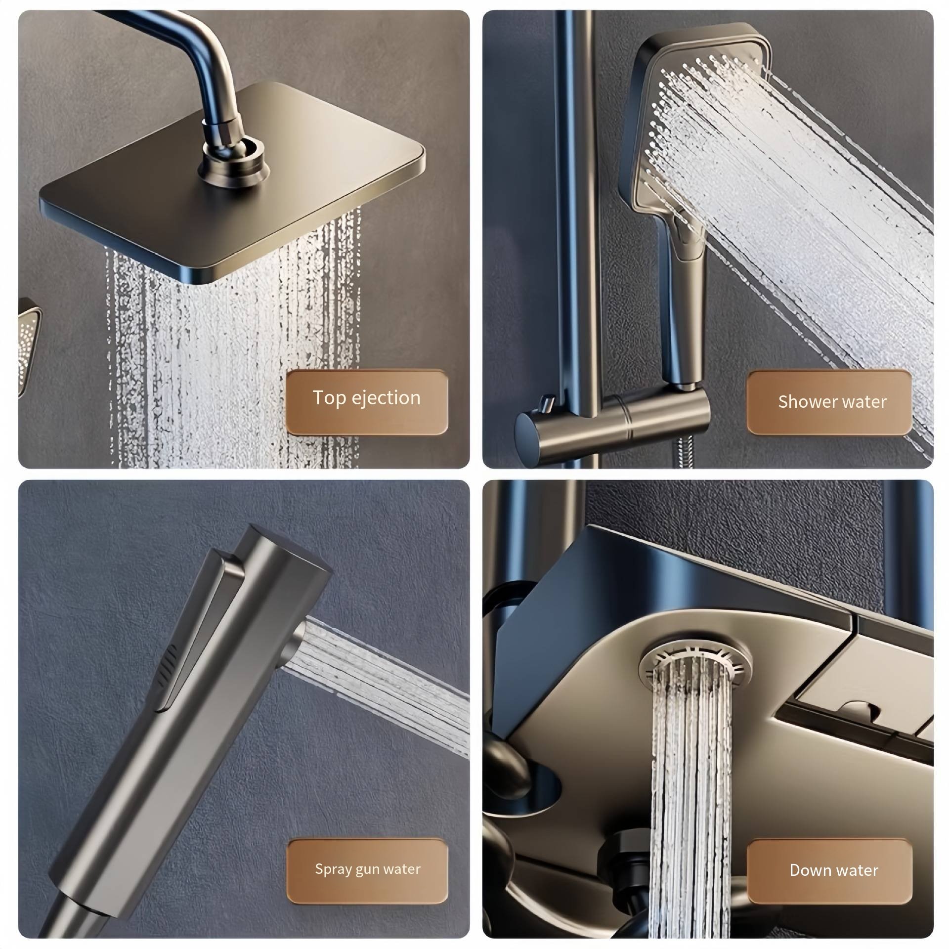 Black Gun Gray Piano Shower Set 4 Functions Rainfall Shower Head Bathroom plastic shower curtain System smart complete set
