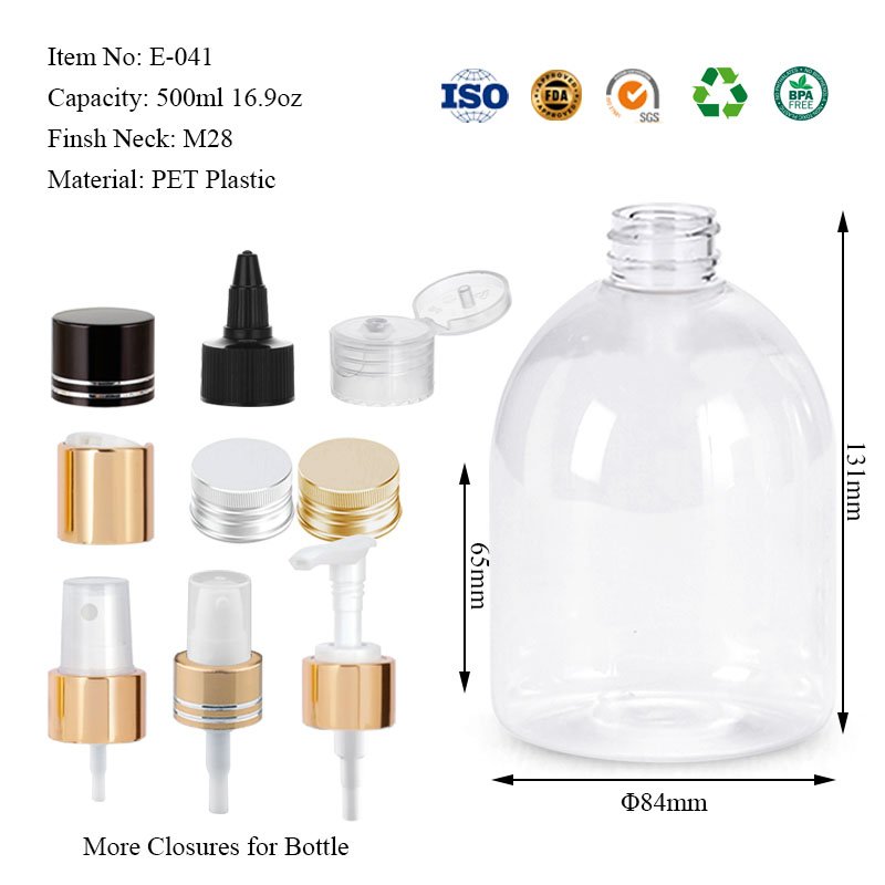 Clear PET Plastic Round Pump Bottle for Liquid Soap Hand Sanitizer - 250ml 500ml Transparent Shower Gel Body Wash Bottles