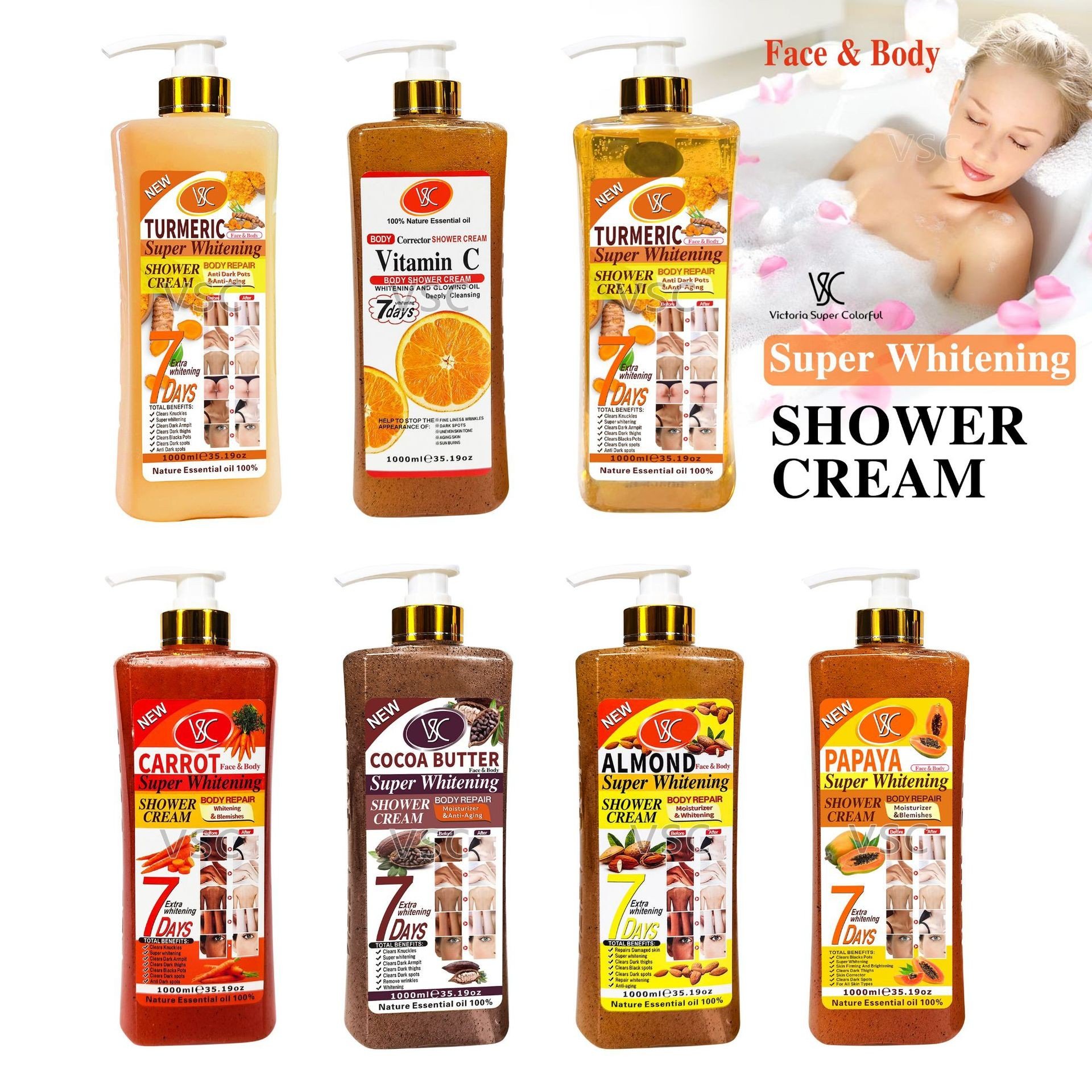 Natural 1000ml Deep Cleansing Moisturizing Exfoliating 7 Days Super Whitening Turmeric Body Wash Scrub Shower Gel