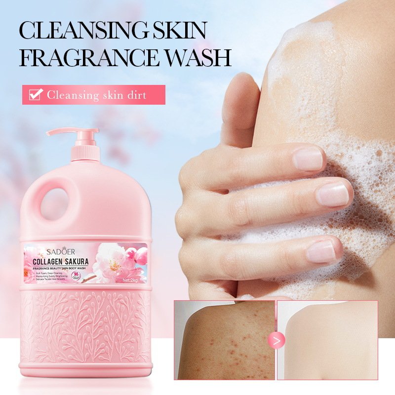 Hot selling SADOER natural organic cherry blossom moisturizing whitening repairing skin collagen fragrance shower gel