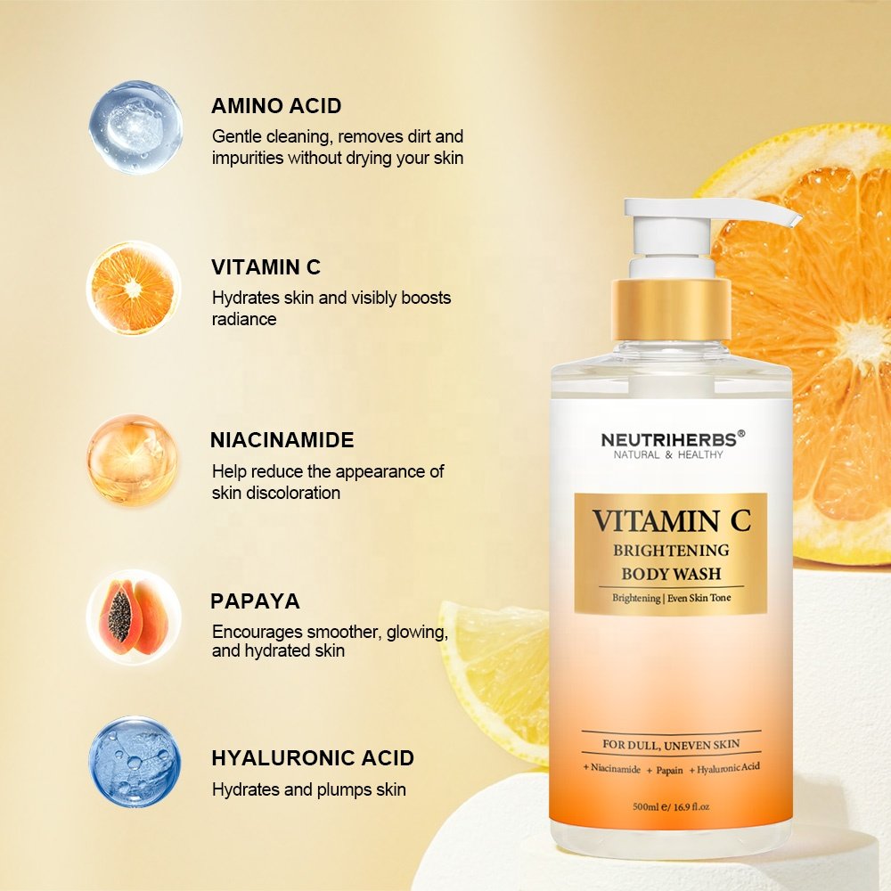 Custom Vitamin C Vegan Lightening Brightening Perfumed bodywash Wholesale Skin Whitening Body Wash Shower Gel For Men and Women