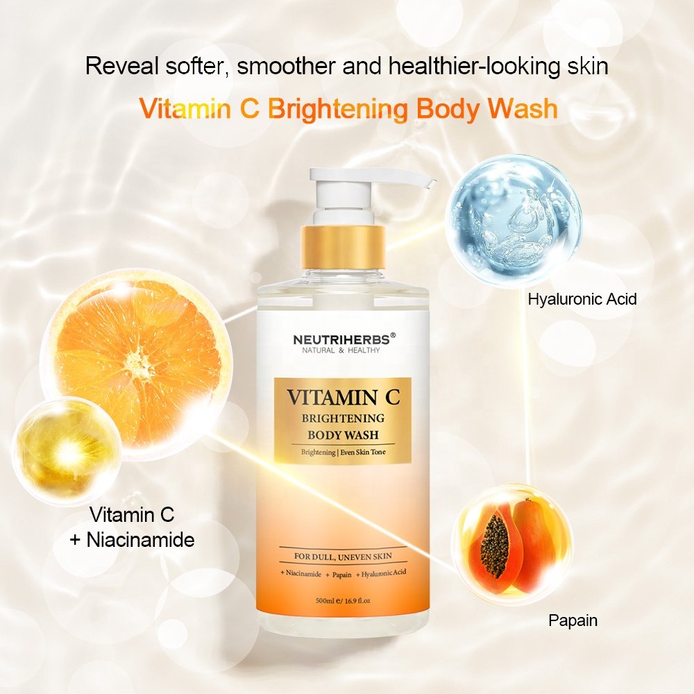 Custom Vitamin C Vegan Lightening Brightening Perfumed bodywash Wholesale Skin Whitening Body Wash Shower Gel For Men and Women