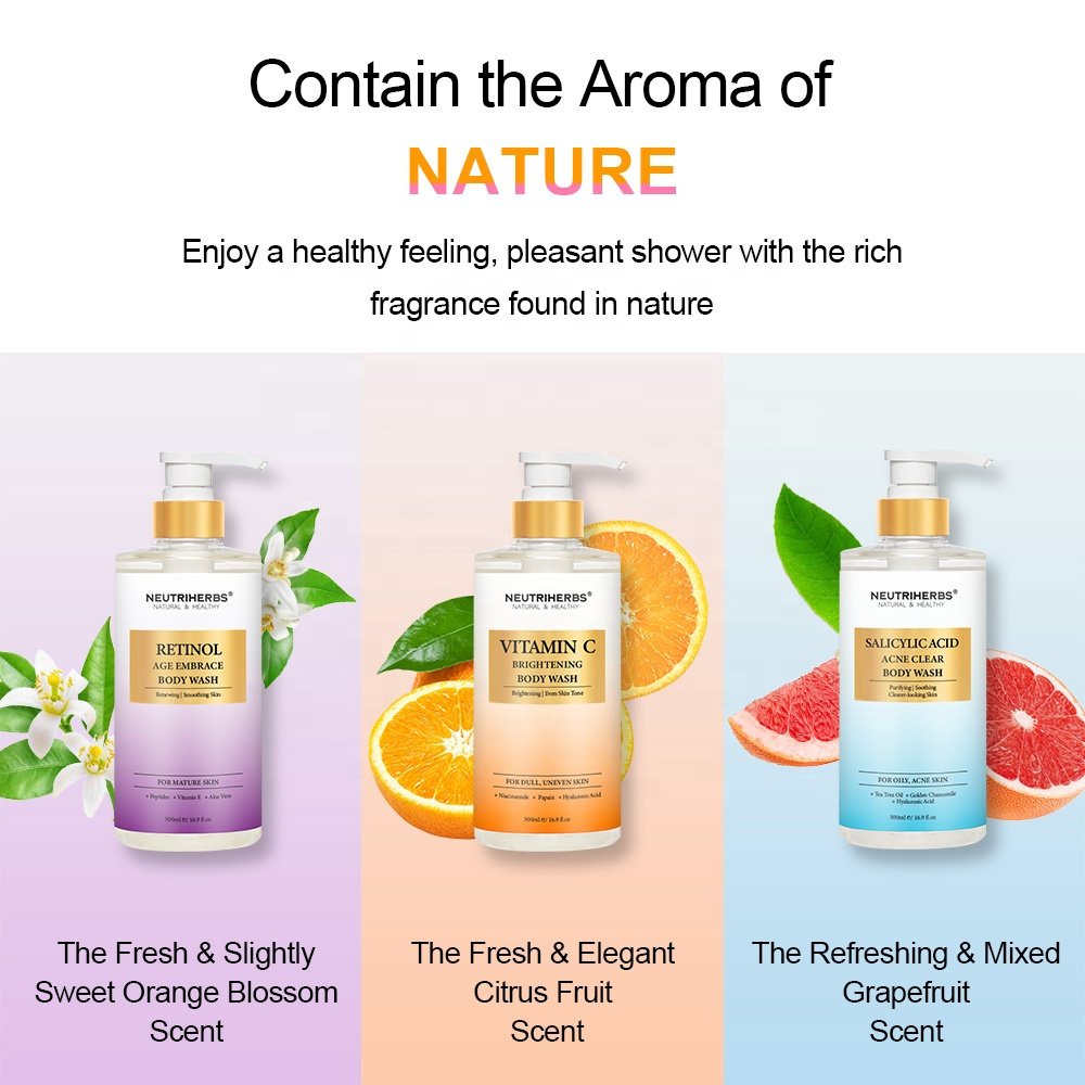 Custom Vitamin C Vegan Lightening Brightening Perfumed bodywash Wholesale Skin Whitening Body Wash Shower Gel For Men and Women