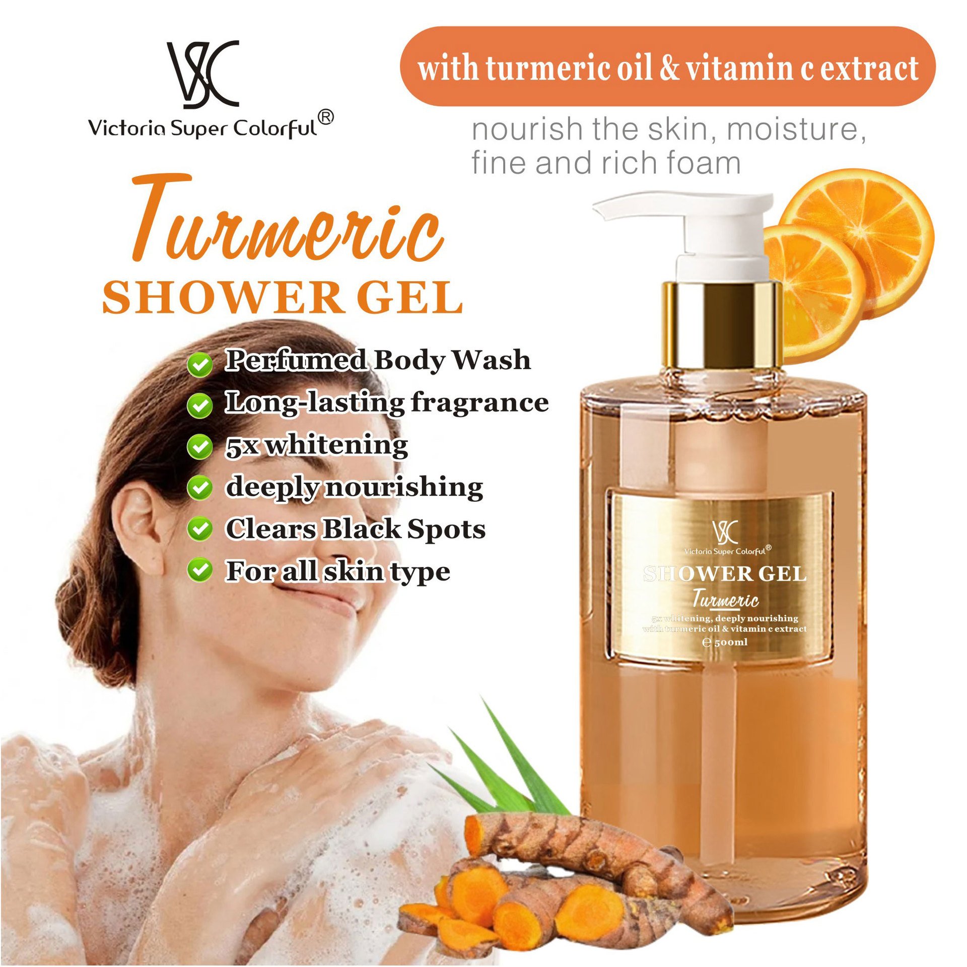 AHA Carrot Turmeric Bath Gel Smooth Foam Rich Moisturizing Whitening Fragrant Body Wash Shower Gel 500ml