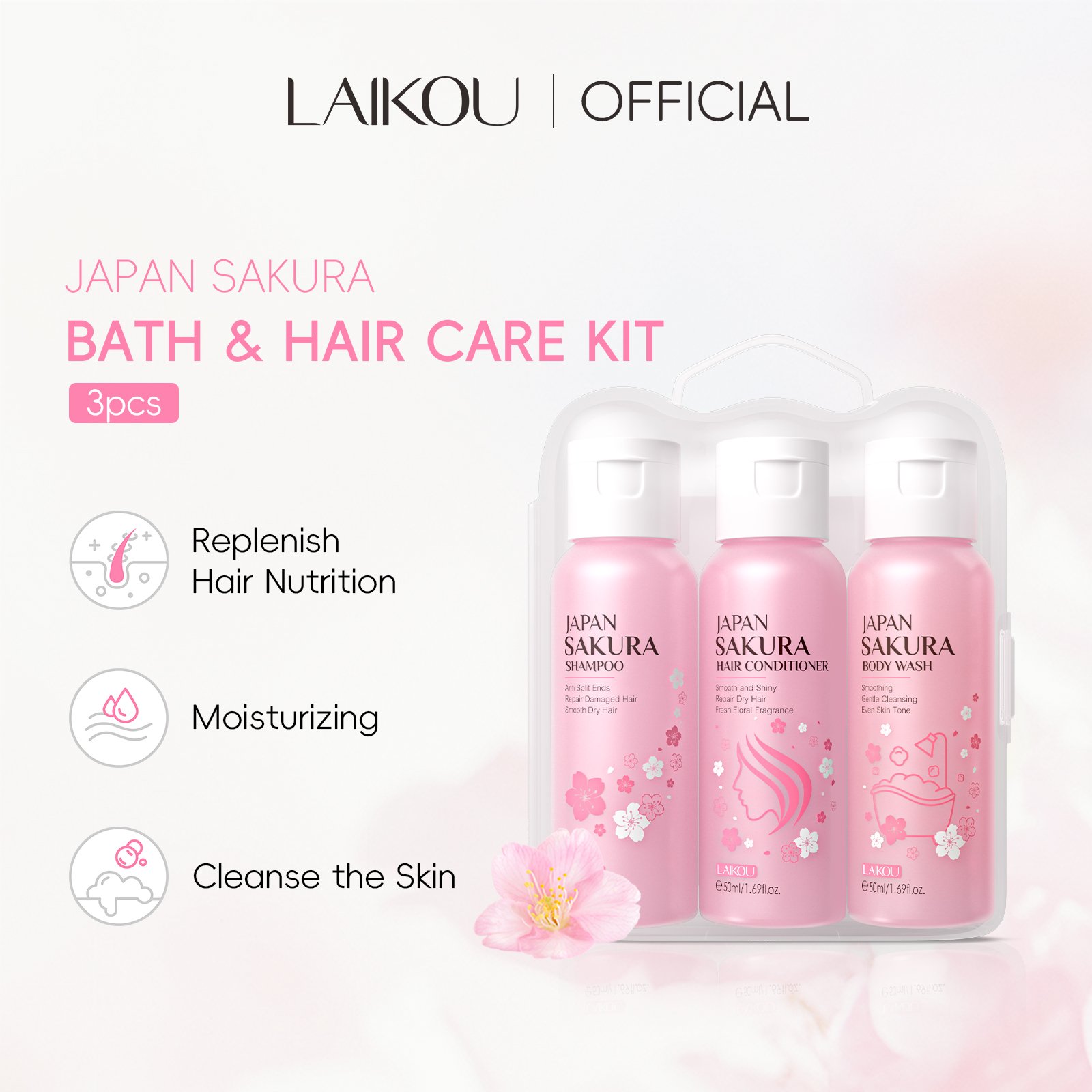 LAIKOU Japan Sakura Bath Hair Care 3PCS Travel Kit Amino Acids Shampoo Conditioner Shower Gel Body Wash