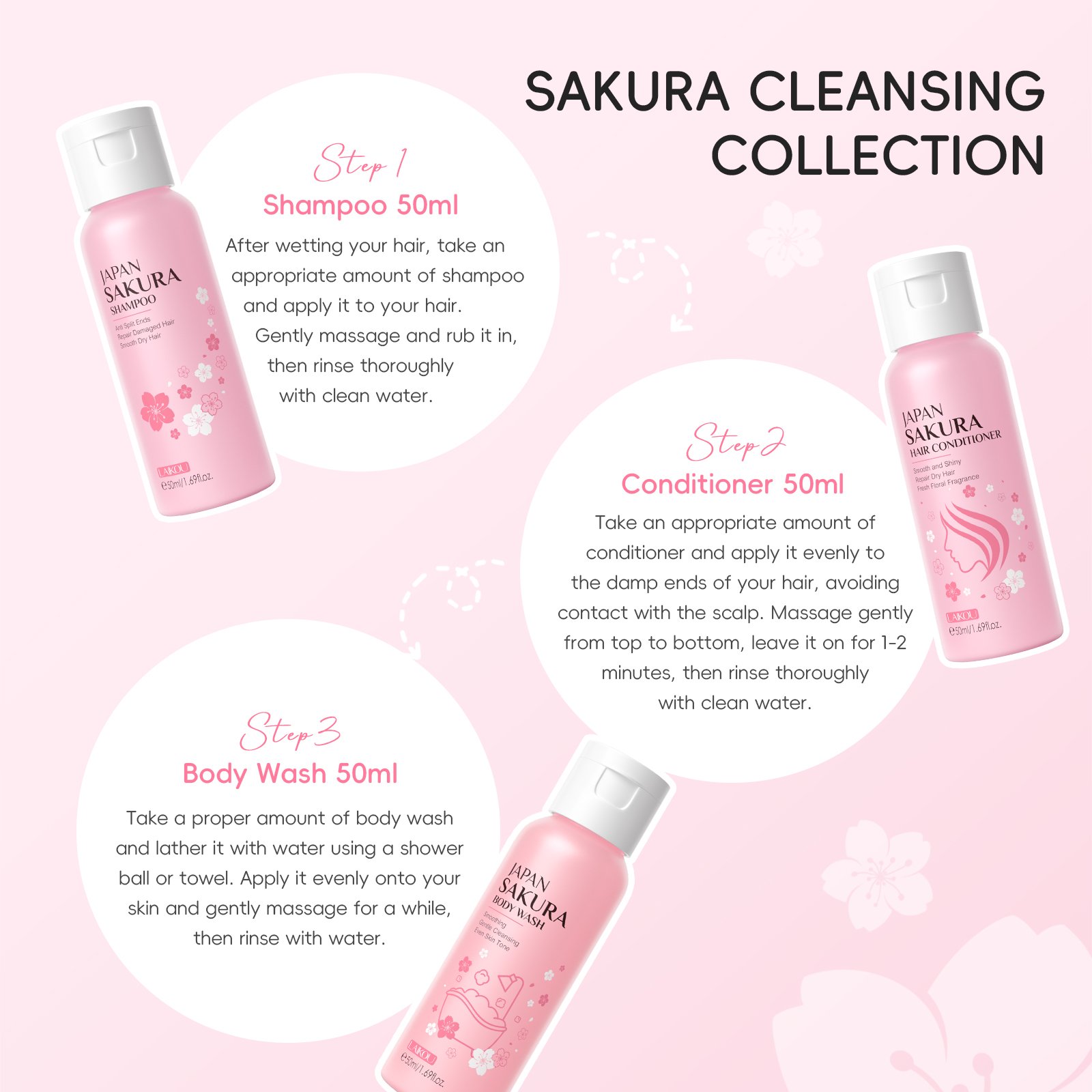 LAIKOU Japan Sakura Bath Hair Care 3PCS Travel Kit Amino Acids Shampoo Conditioner Shower Gel Body Wash